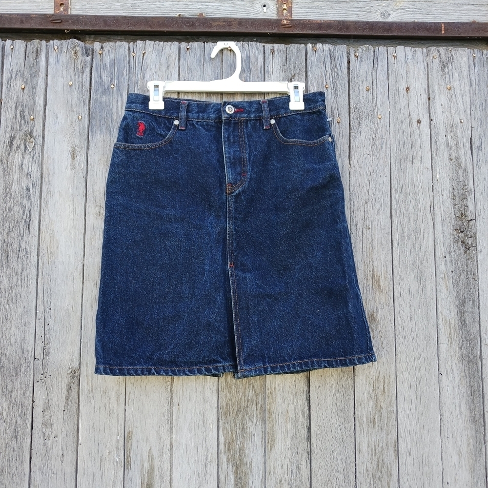 U.S. Polo Womens Sz 7/8 Highwaisted Darkwash Denim Skirt Stretch Knee Length